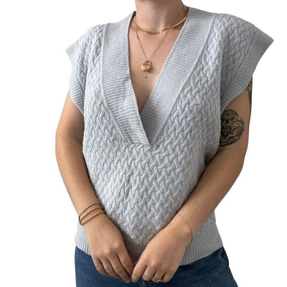 Vintage Geoffrey Beene Light Blue Lambswool Angora cable Knit Sweater Vest Sz M - Picture 3 of 8